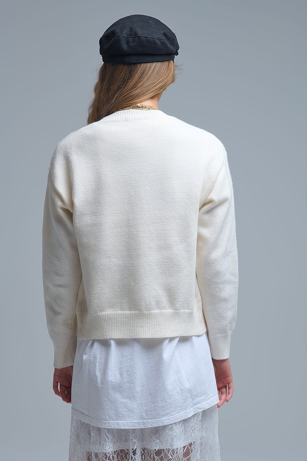 Acogedor cárdigan blanco con corazones rojos Q2