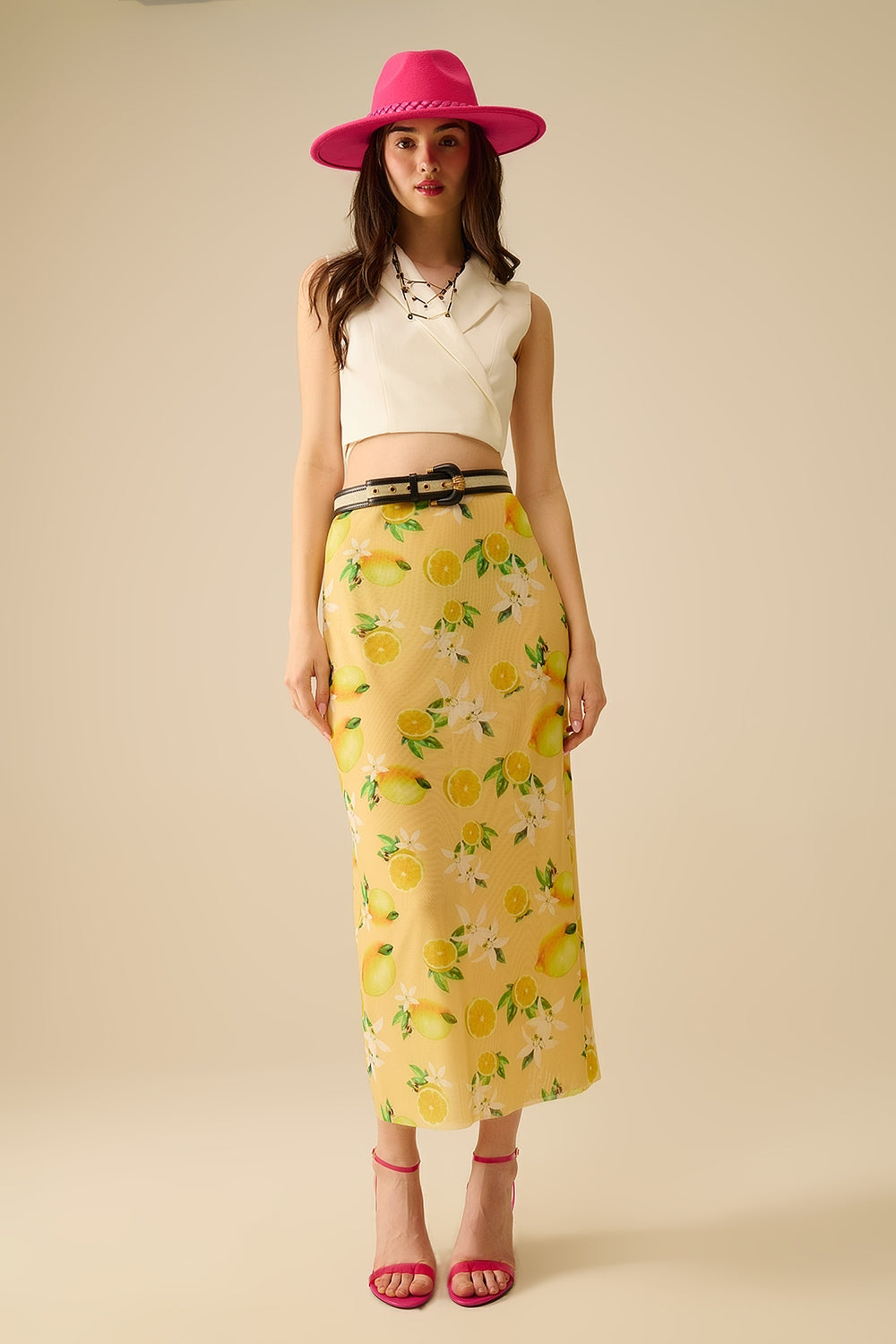Amarillo Falda midi ajustada con estampado de limón en tejido de malla Q2