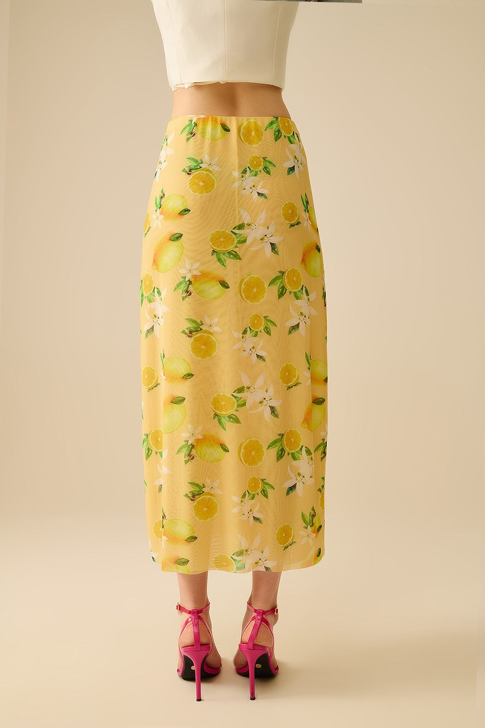 Amarillo Falda midi ajustada con estampado de limón en tejido de malla Q2