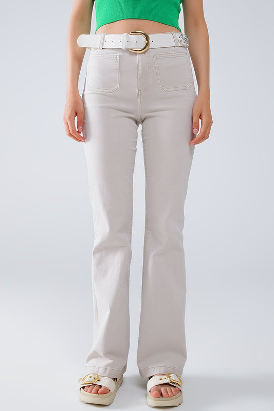 Q2 Beige Skinny Flared Jeans Con Bolsillo Delantero