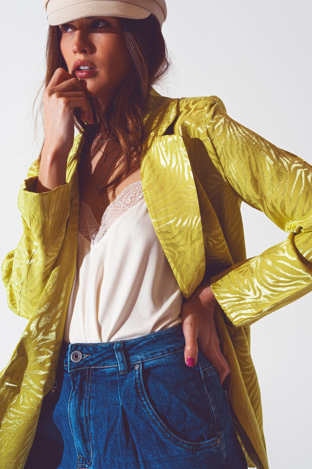 Blazer de estampado de cebra oversize en verde Q2