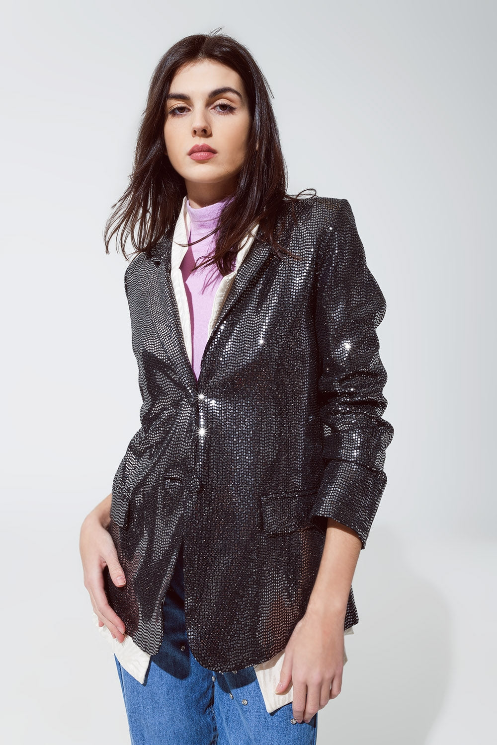 Blazer de lentejuelas relajado de fiesta en plata Q2