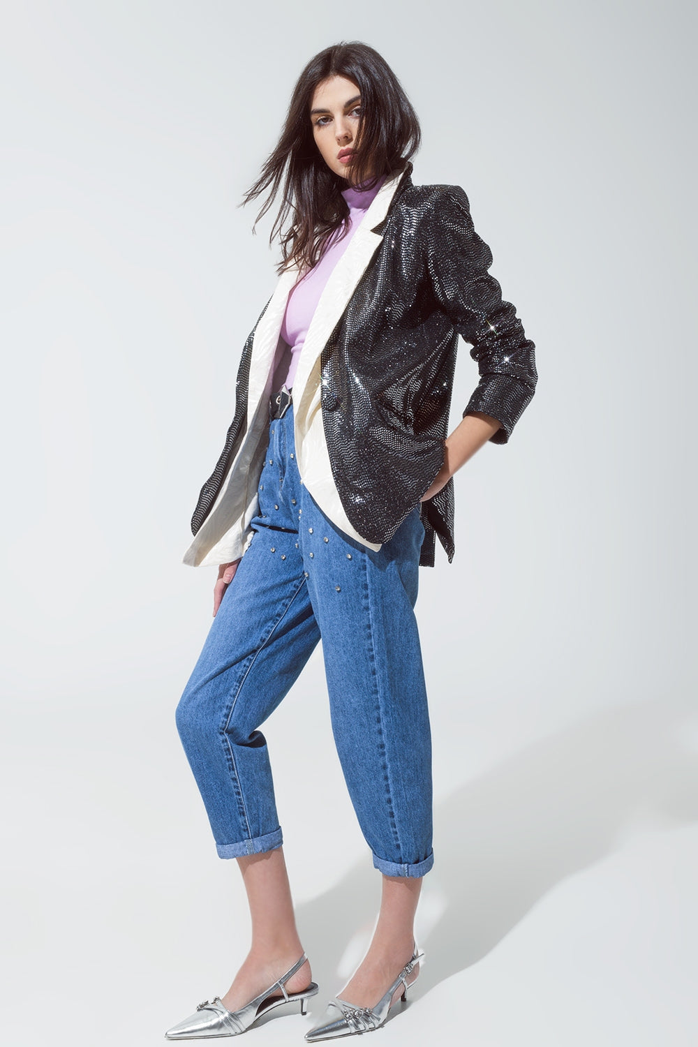 Blazer de lentejuelas relajado de fiesta en plata Q2