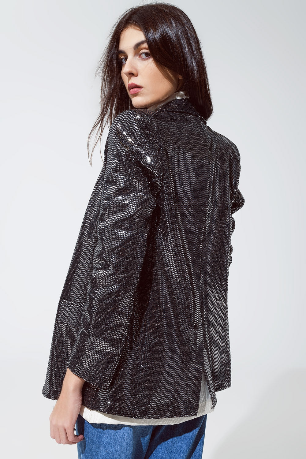 Blazer de lentejuelas relajado de fiesta en plata Q2