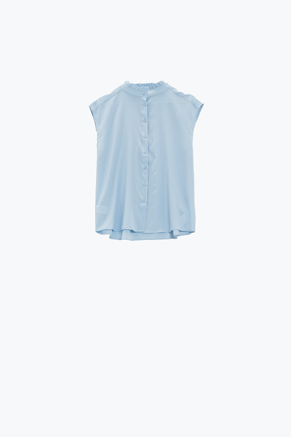Blusa abotonada azul sin mangas con cuello mao Q2