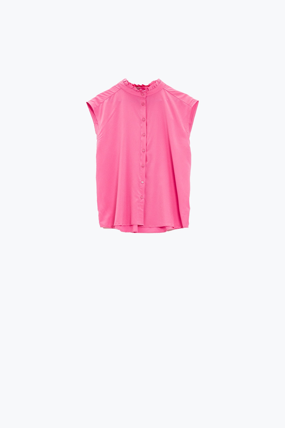 Blusa abotonada rosa sin mangas con cuello mao Q2