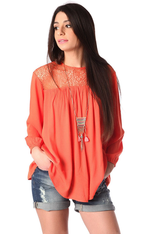 Q2 Blusa amplia con detalle de rejilla en color naranja