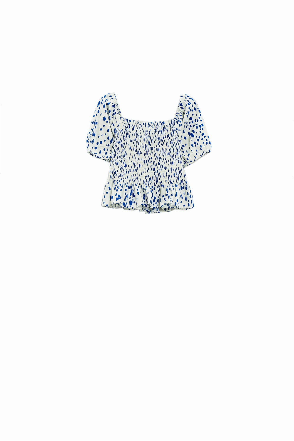 Blusa blanca con pliegues y lunares azules Q2