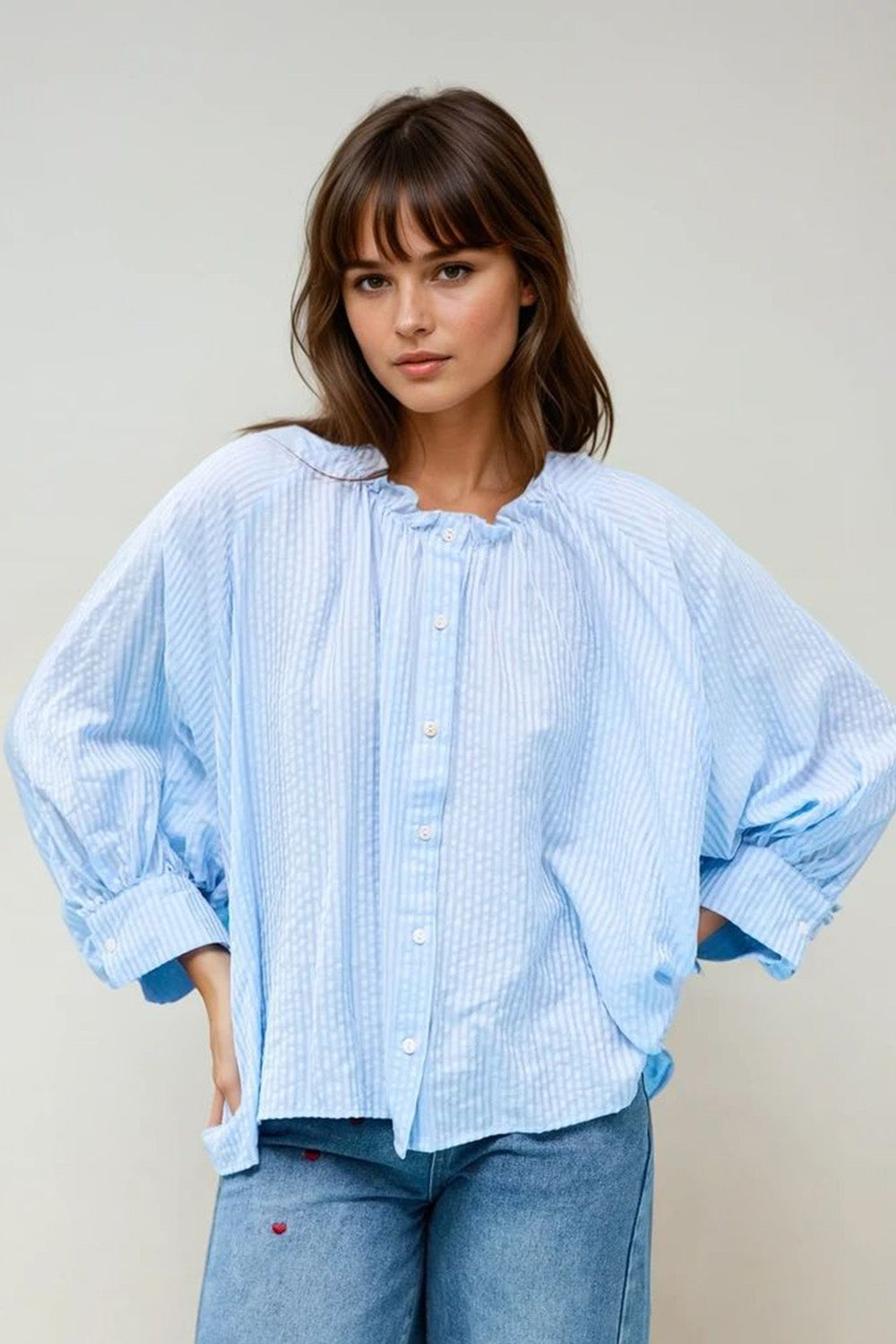 Blusa de Rayas con Mangas Globo en Azul Bebé Q2