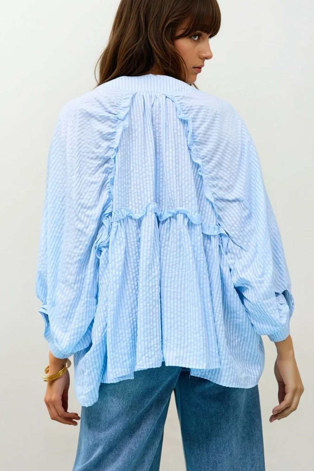 Blusa de Rayas con Mangas Globo en Azul Bebé Q2
