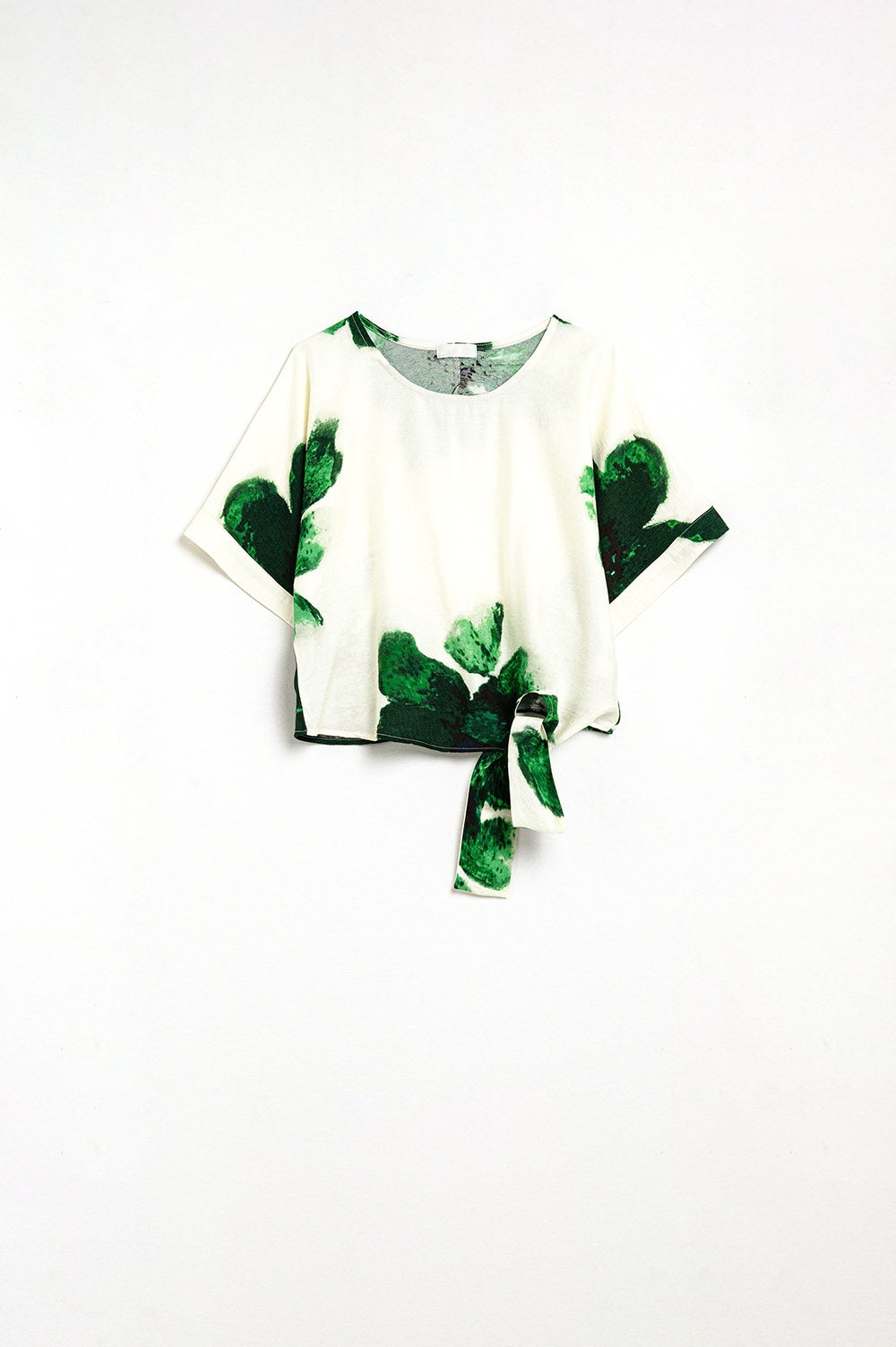 Blusa Recortada con Estampado Floral en Verde Atada a la Cintura Q2