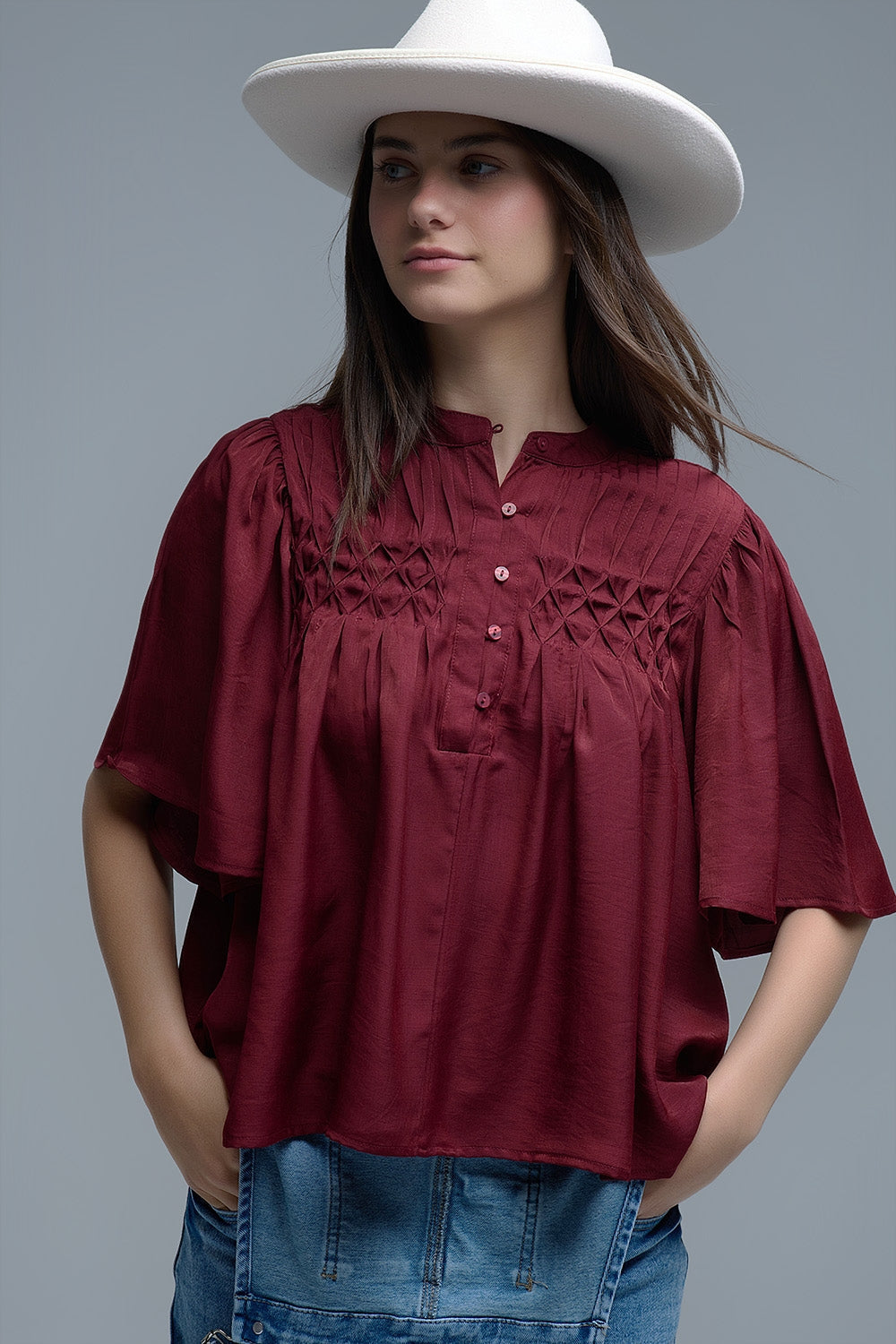 Blusa relajada de estilo boho en color vino con detalles bordados Q2