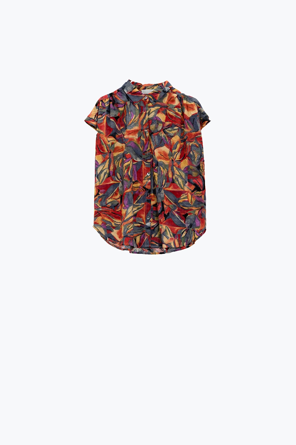 Blusa roja abotonada con estampado de flores multicolor Q2