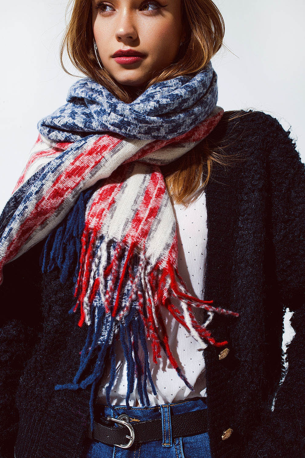 Bufanda americana estilo Houndstooth en blanco rojo y azul Q2