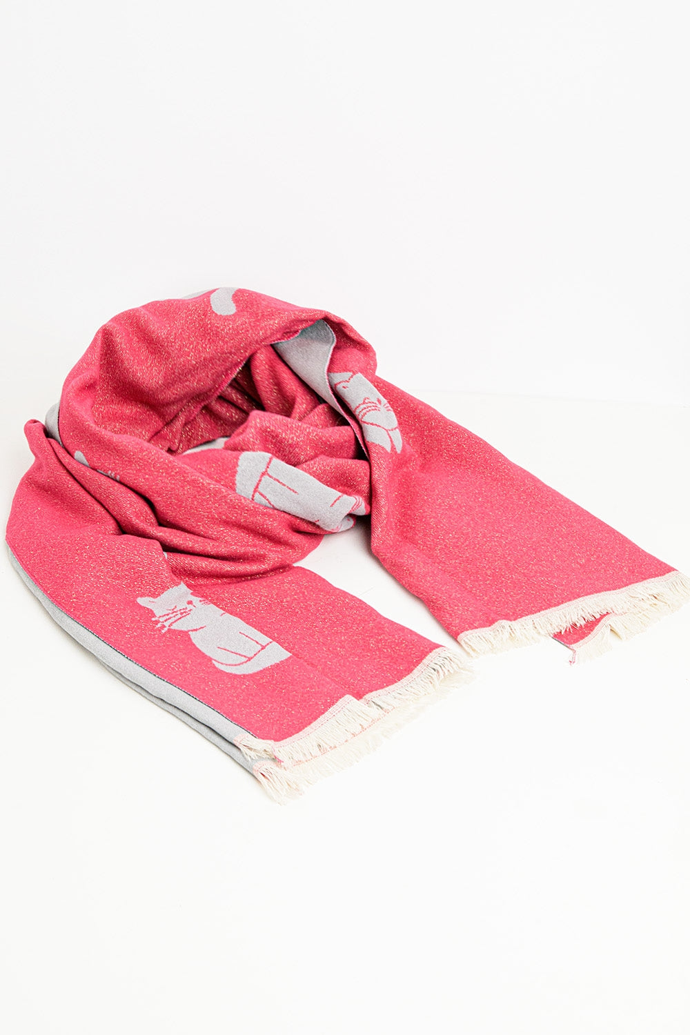 Bufanda ancha de punto suave en rosa con estampado de gato Q2