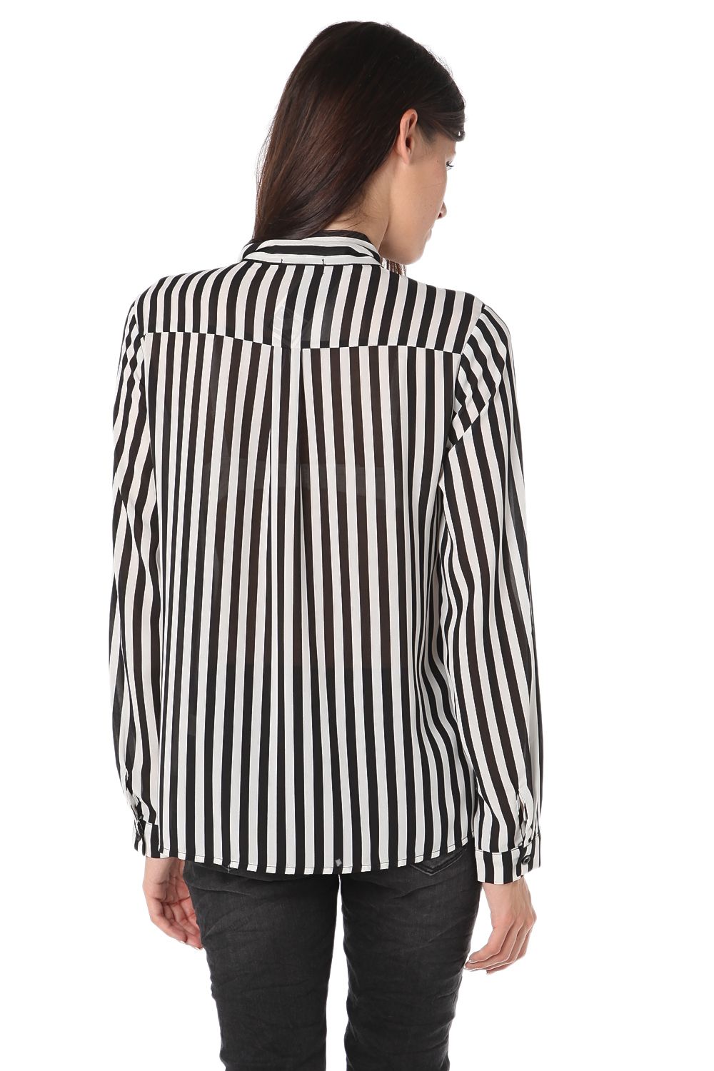 Camisa de chifon de manga larga a rayas con lazo delantero Q2