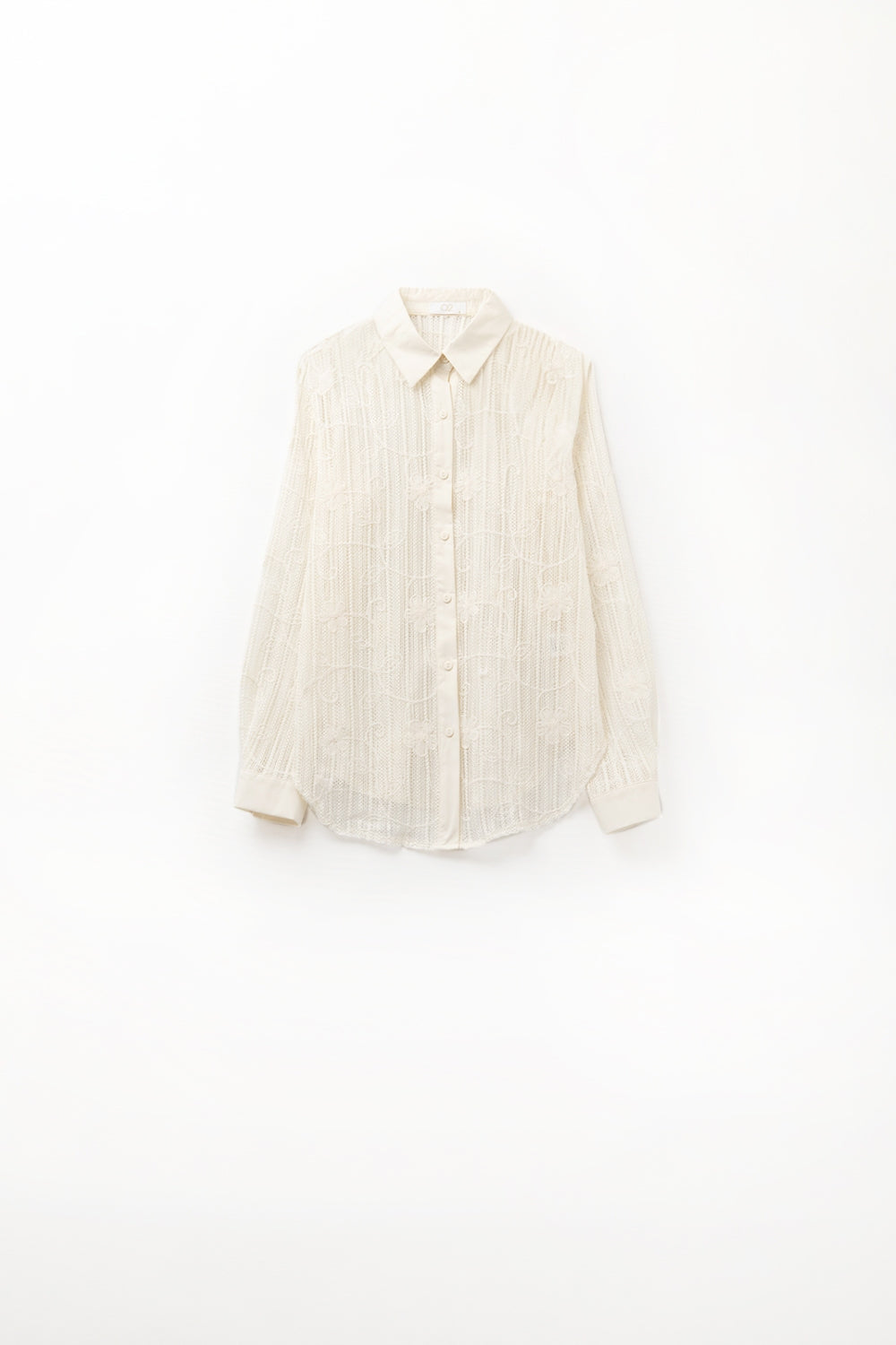 Q2 camisa de crochet beige con detalles bordados
