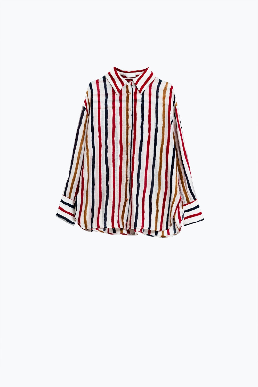 camisa de gasa de manga larga con rayas multicolores rojo y azul marino Q2