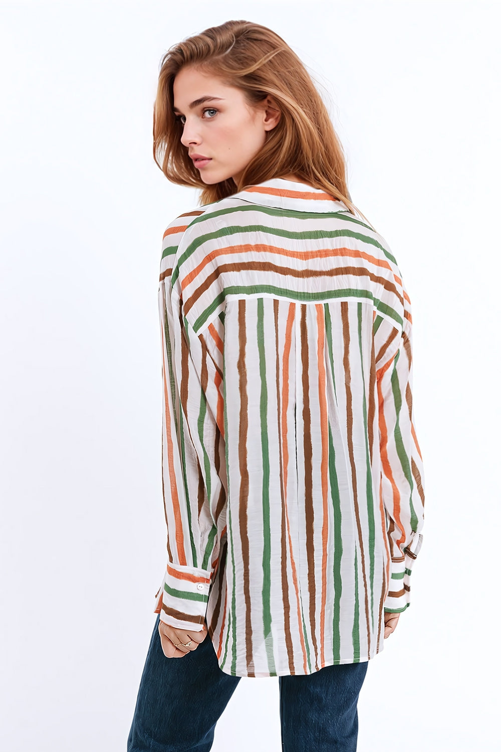 camisa de gasa de manga larga con rayas multicolores verde y marrón Q2