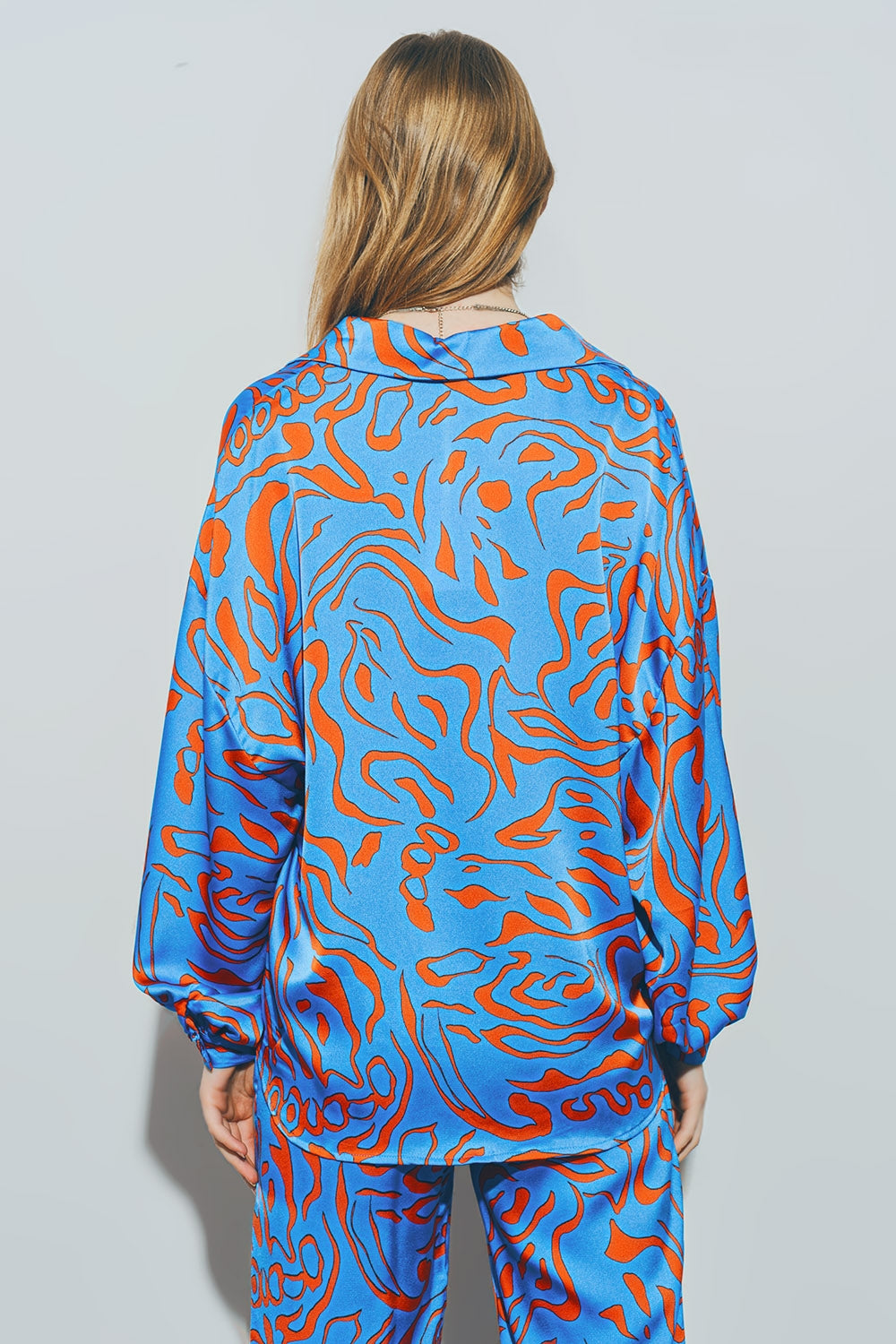 Camisa de Satén con Mangas Globo en Azul Q2