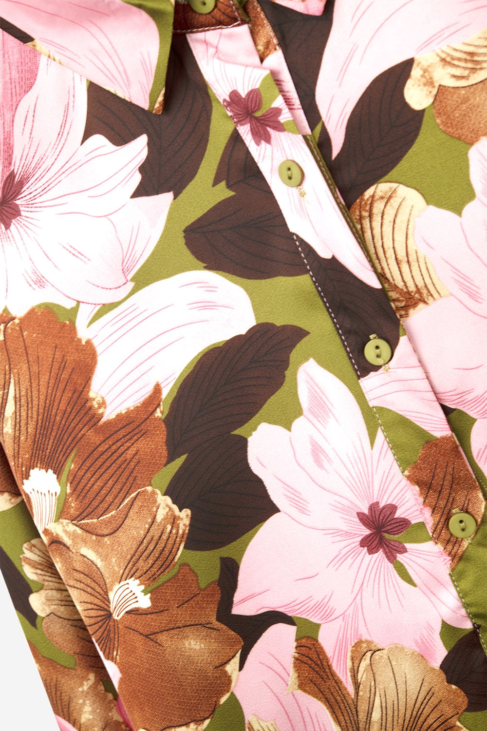 Camisa Floral Tropical Verde Oliva Satinada Q2