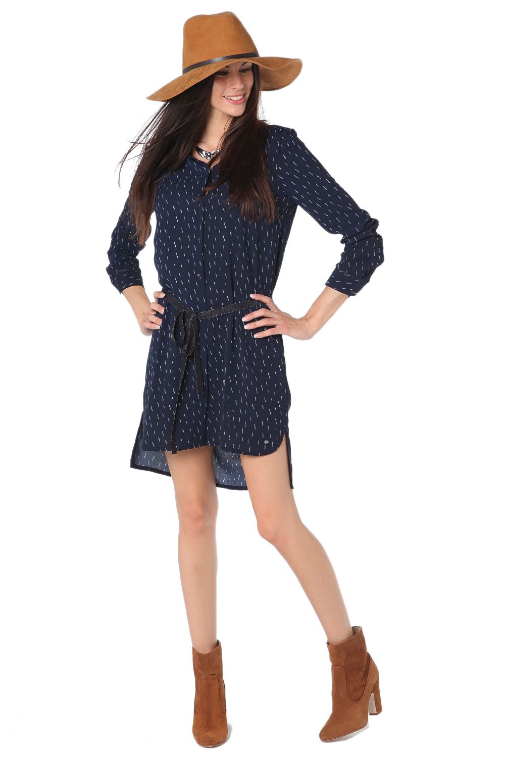 Camisa jaspeada azul marino con largo 3/4 y cordón ajustable Q2