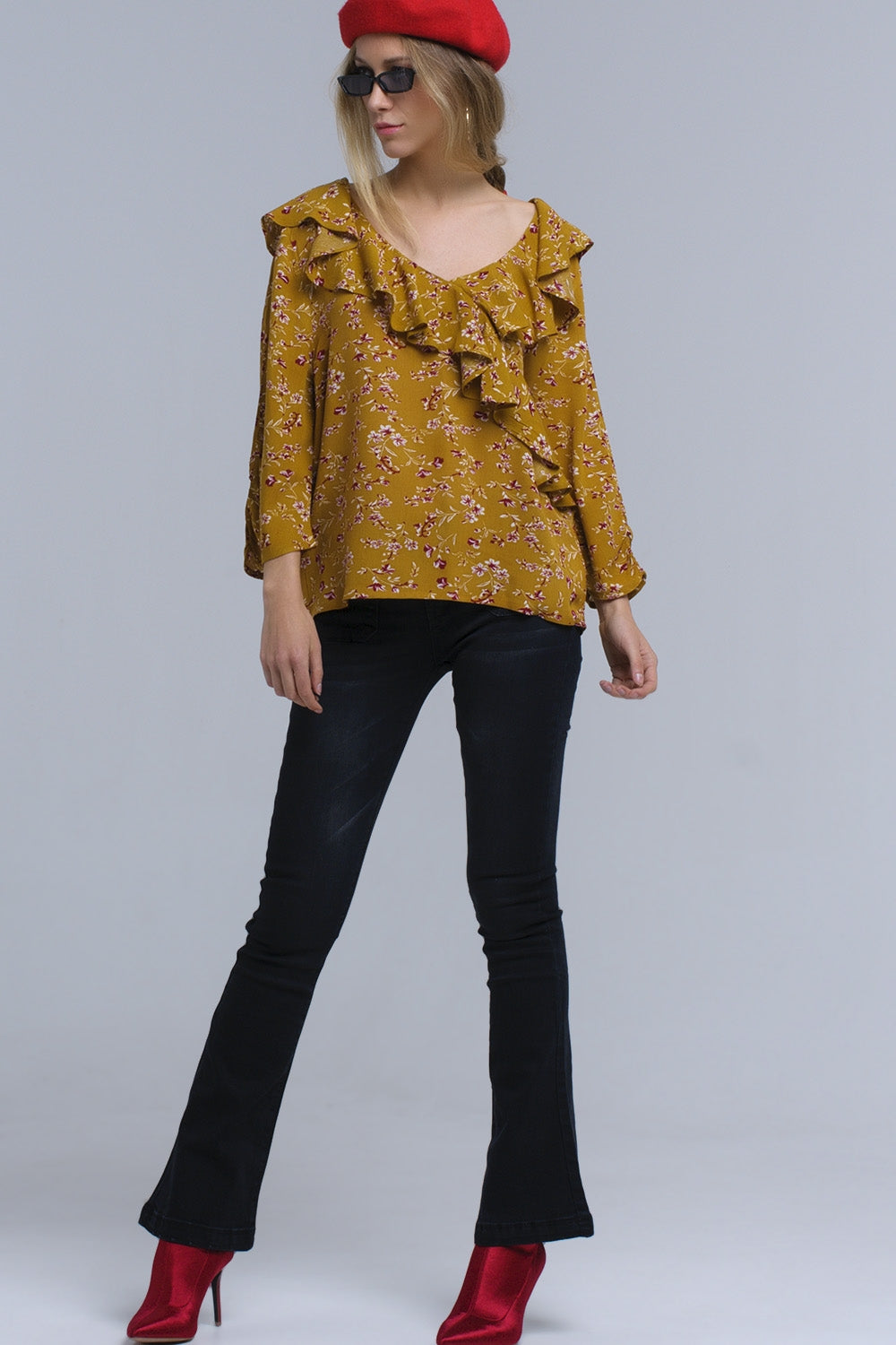 Camisa mostaza con volantes cruzados Q2