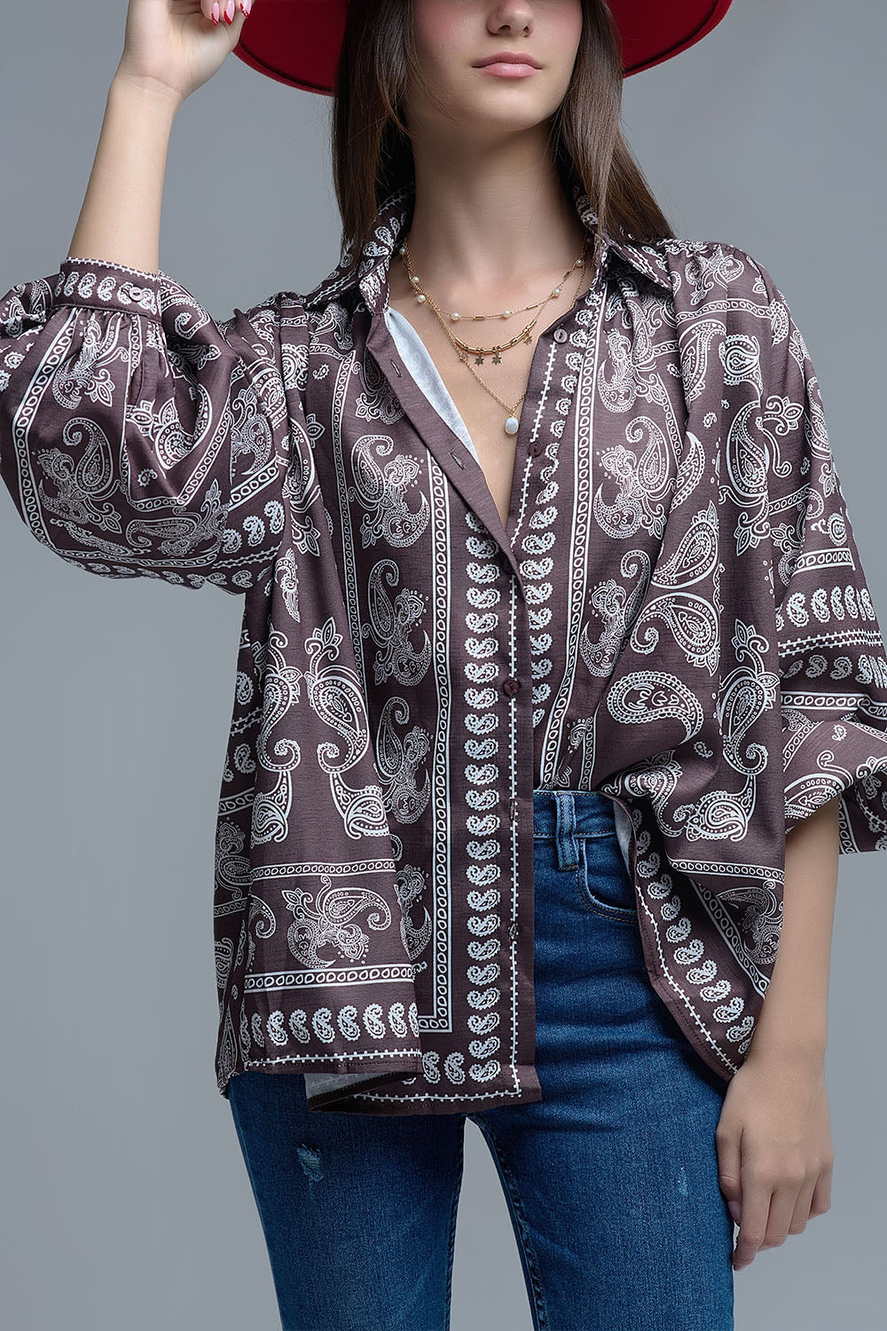 Camisa Paisley Marrón Con Mangas Voluminosas Q2