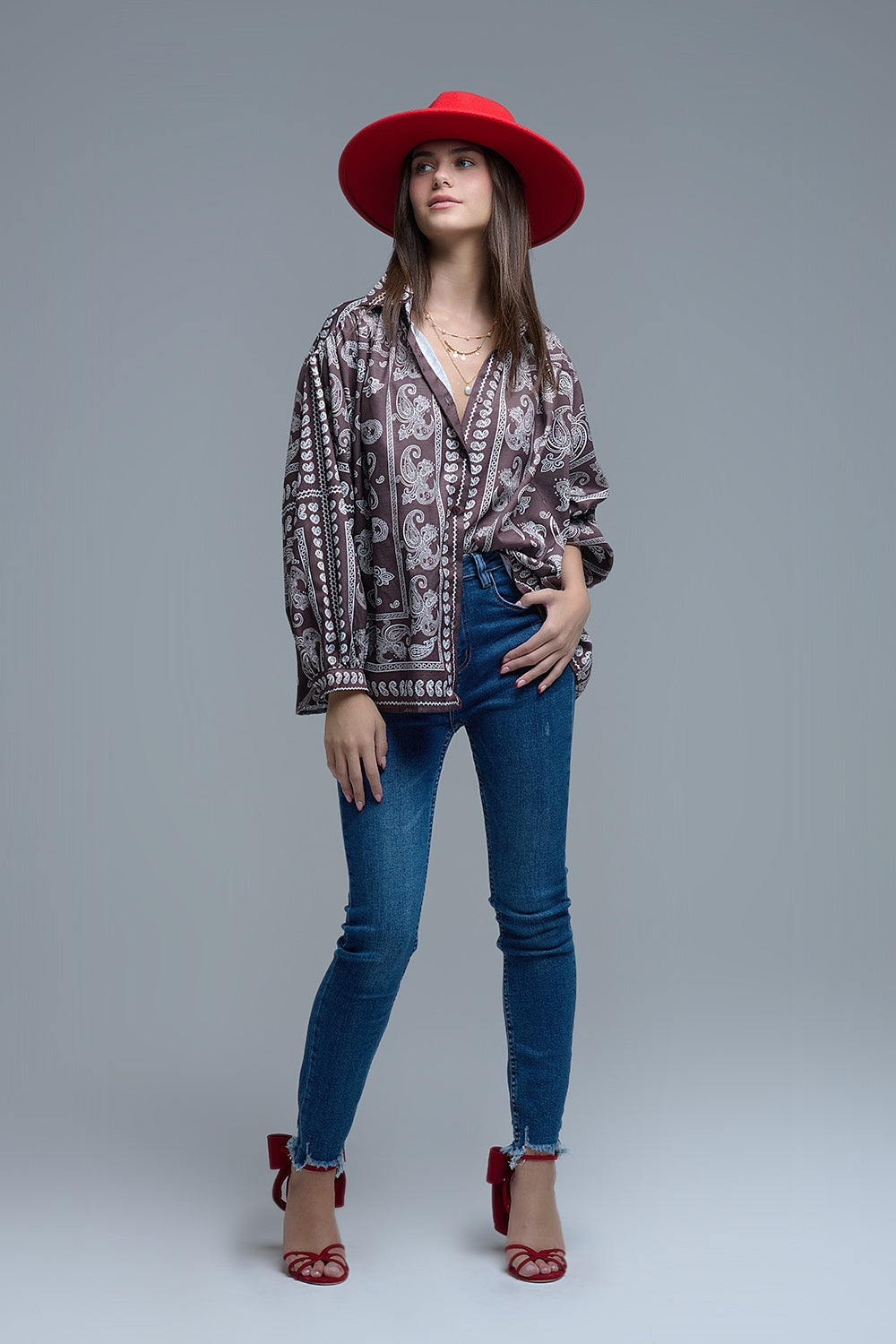 Camisa Paisley Marrón Con Mangas Voluminosas Q2