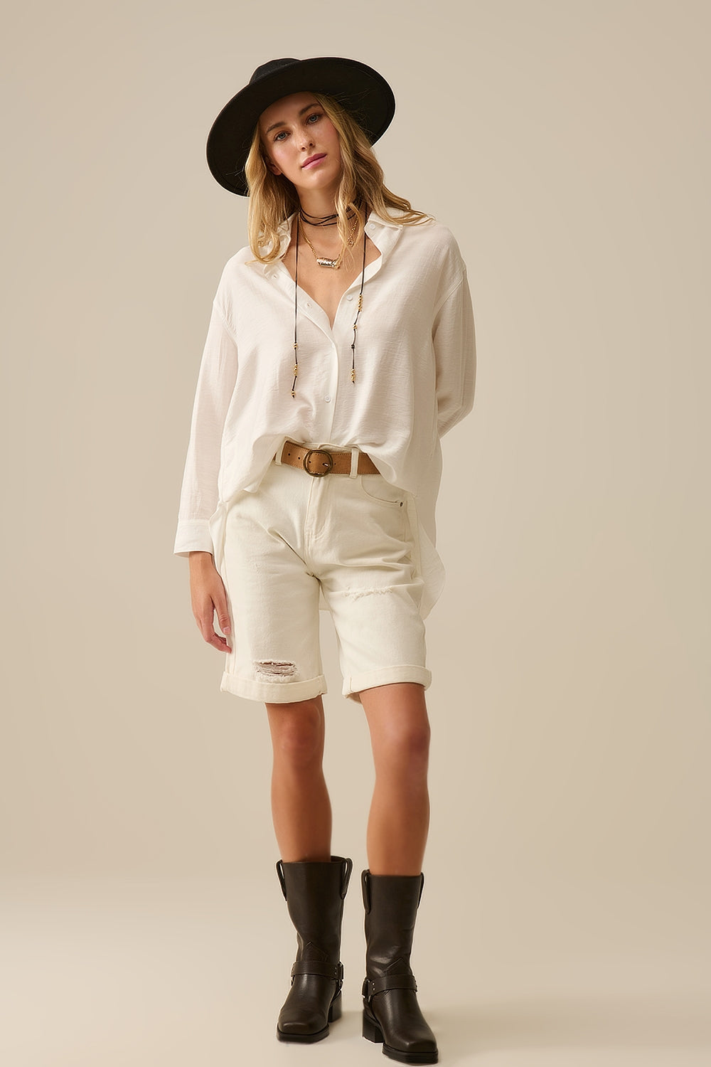 Camisa relaxed fit Manga larga en blanco Q2