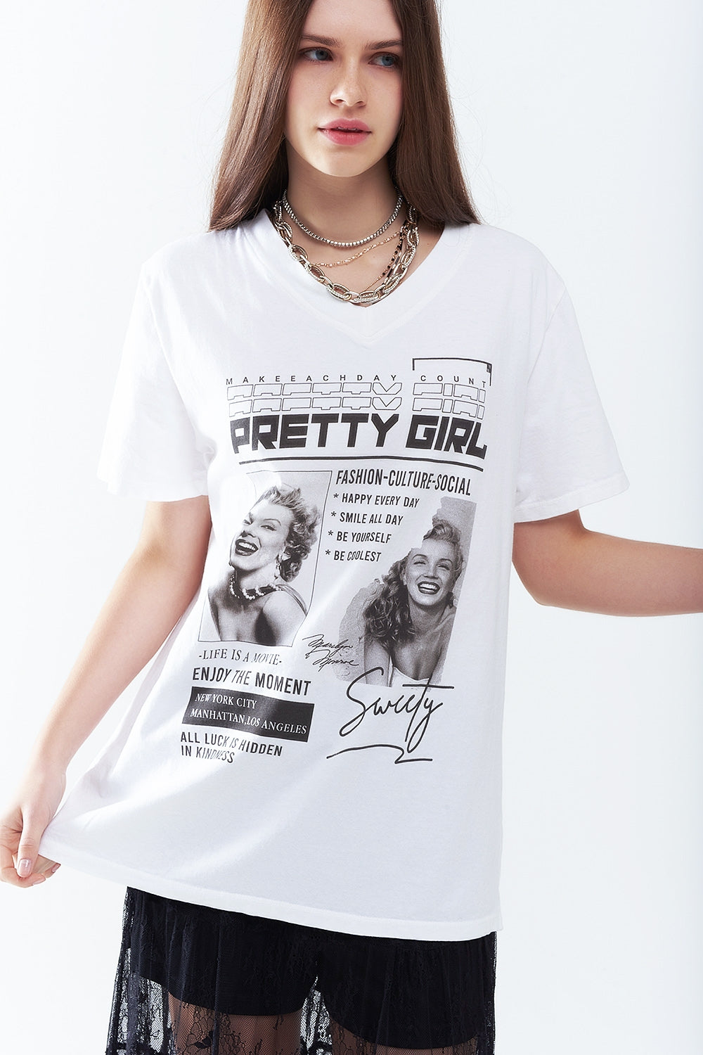 Camiseta Blanca Relajada de Marilyn Monroe Con Iconos de la Cultura Pop Q2