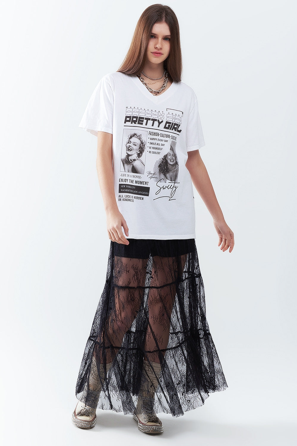 Camiseta Blanca Relajada de Marilyn Monroe Con Iconos de la Cultura Pop Q2