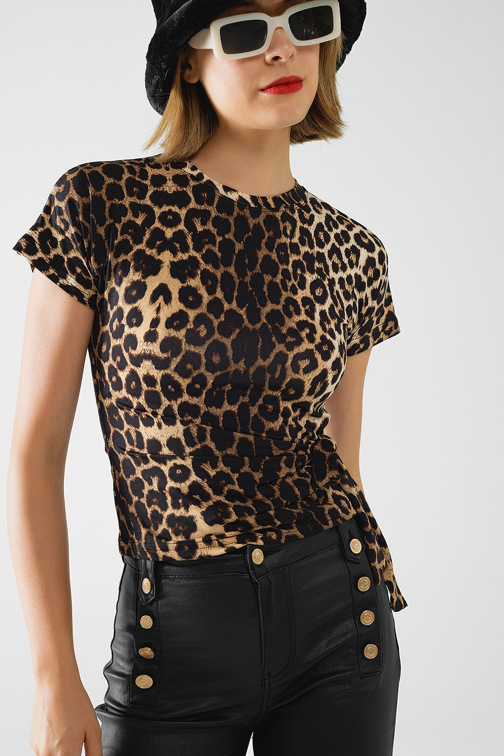 Camiseta de Spandex con estampado de leopardo y detalle de lazo Q2