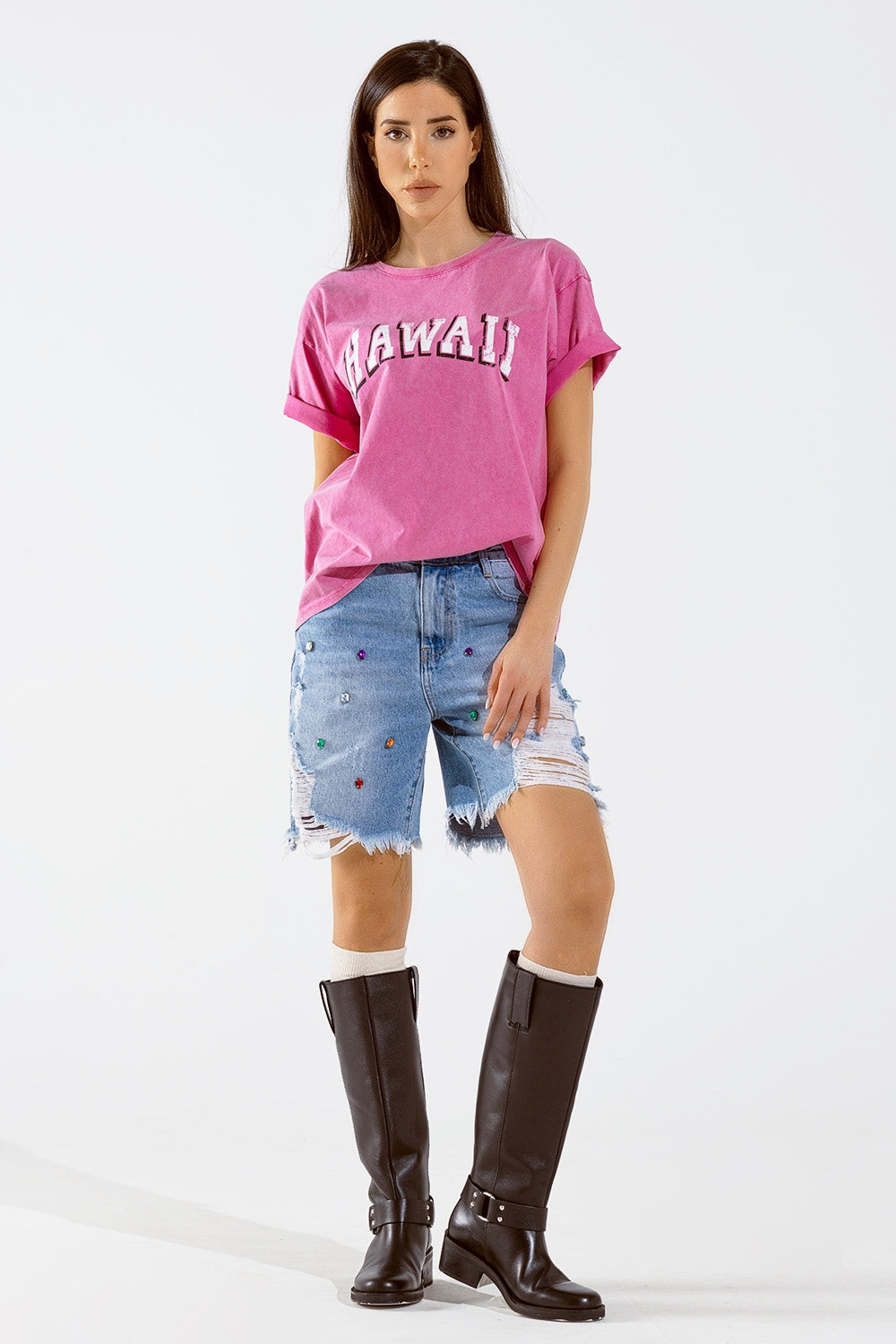 Camiseta Hawaii Efecto Lavado En Fuschia Q2
