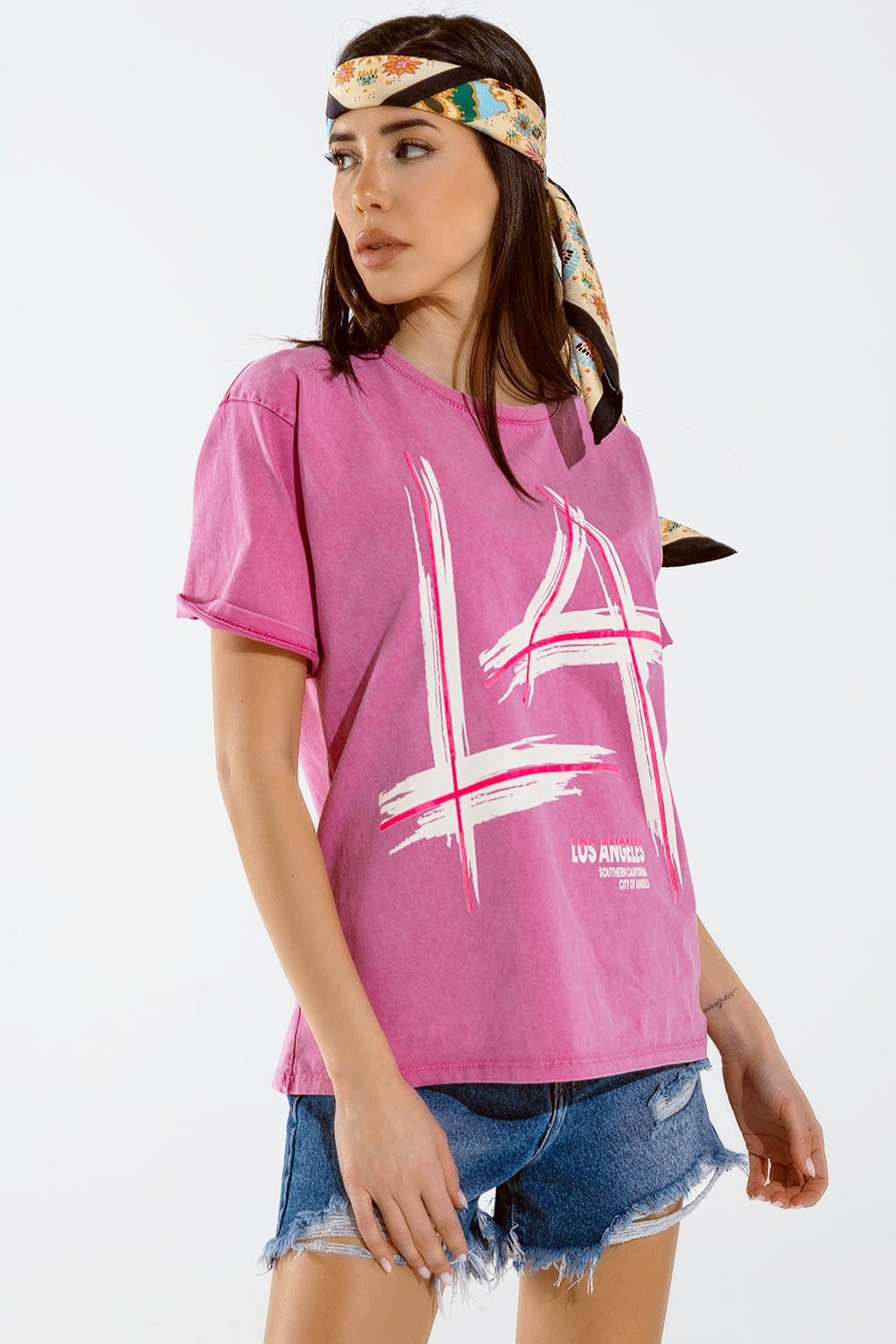 Camiseta oversize fucsia estampada LA Los Angeles en blanco y fucsia Q2