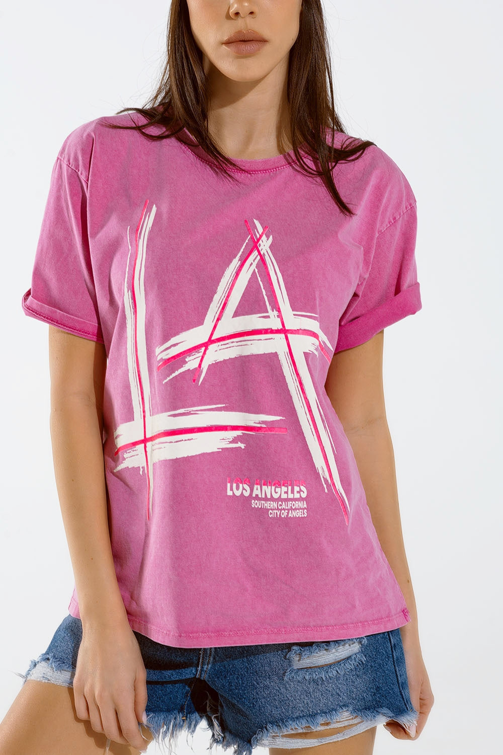 Camiseta oversize fucsia estampada LA Los Angeles en blanco y fucsia Q2