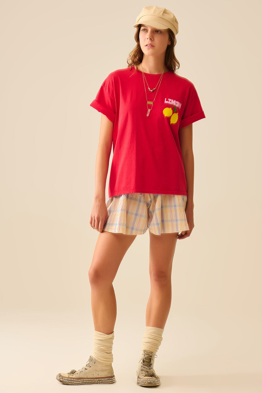 Camiseta relajada roja con estampado de limones made in Italy Q2
