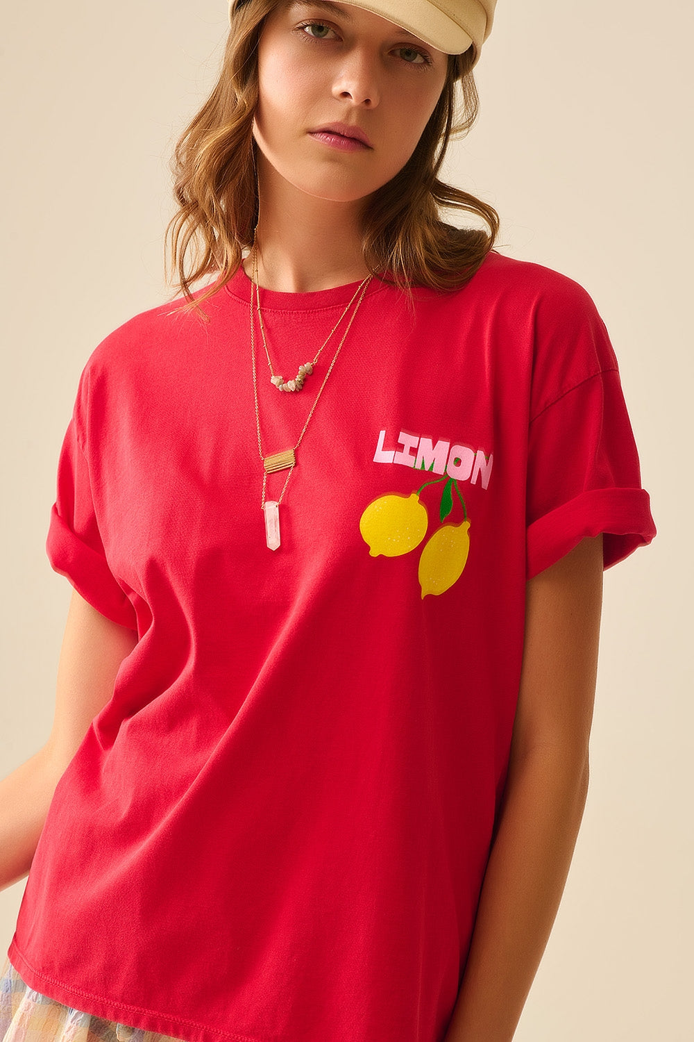 Camiseta relajada roja con estampado de limones made in Italy Q2