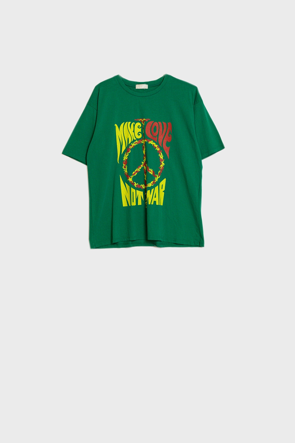 Q2 camiseta verde de manga corta con el logotipo Make love not war