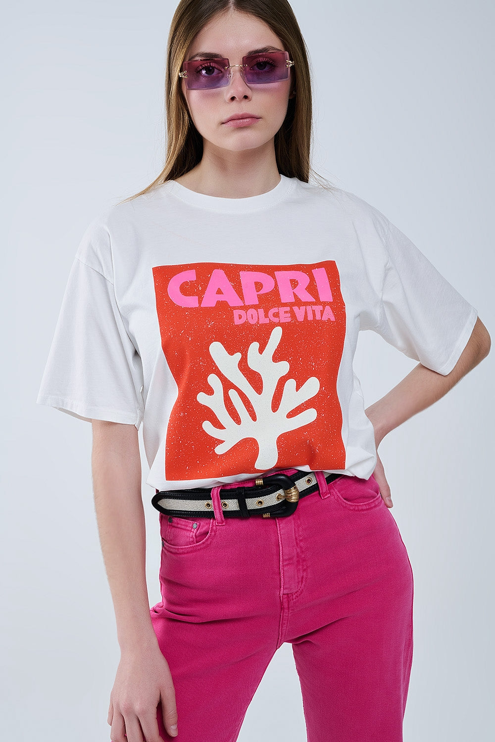 Capri La Dolce Vita Camiseta blanca con estampado gráfico Q2