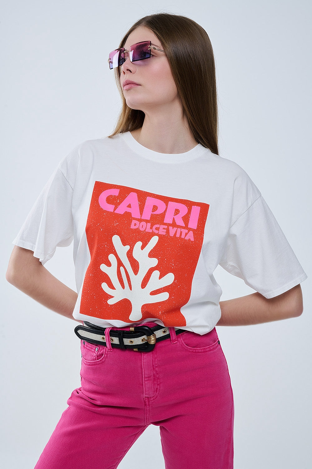 Capri La Dolce Vita Camiseta blanca con estampado gráfico Q2