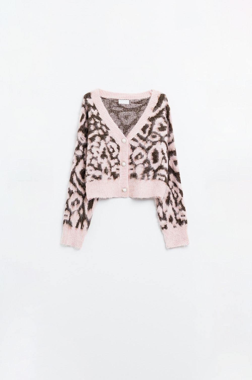 Q2 cárdigan con estampado de leopardo y lana en rosa