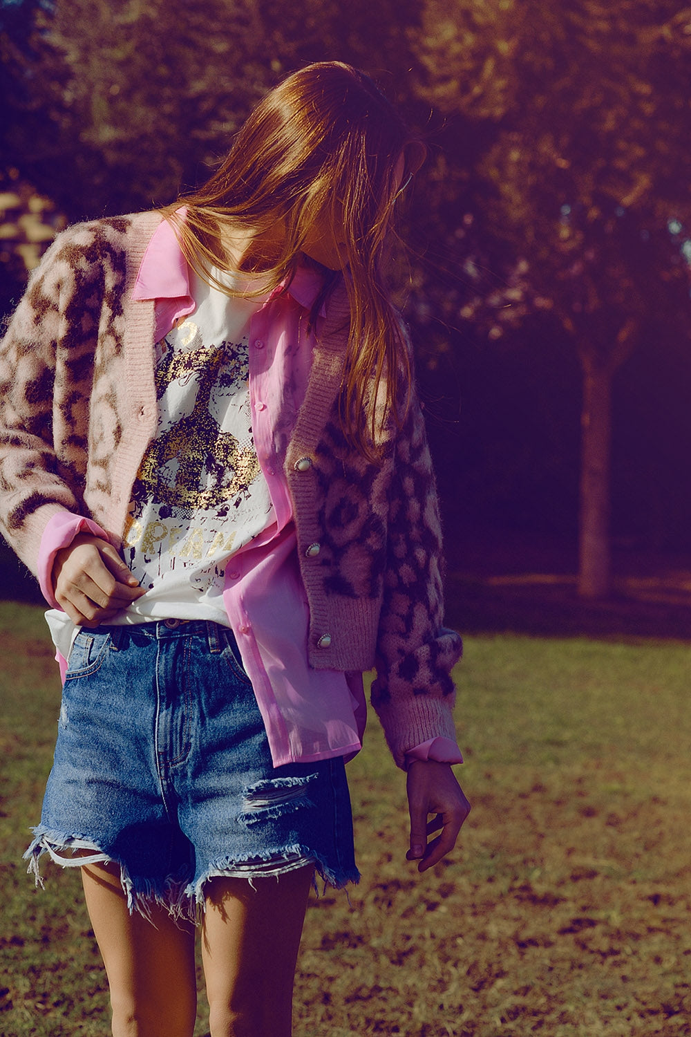 cárdigan con estampado de leopardo y lana en rosa Q2
