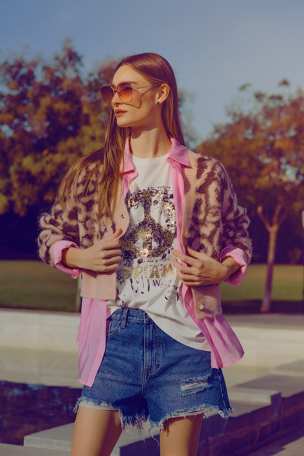 cárdigan con estampado de leopardo y lana en rosa Q2