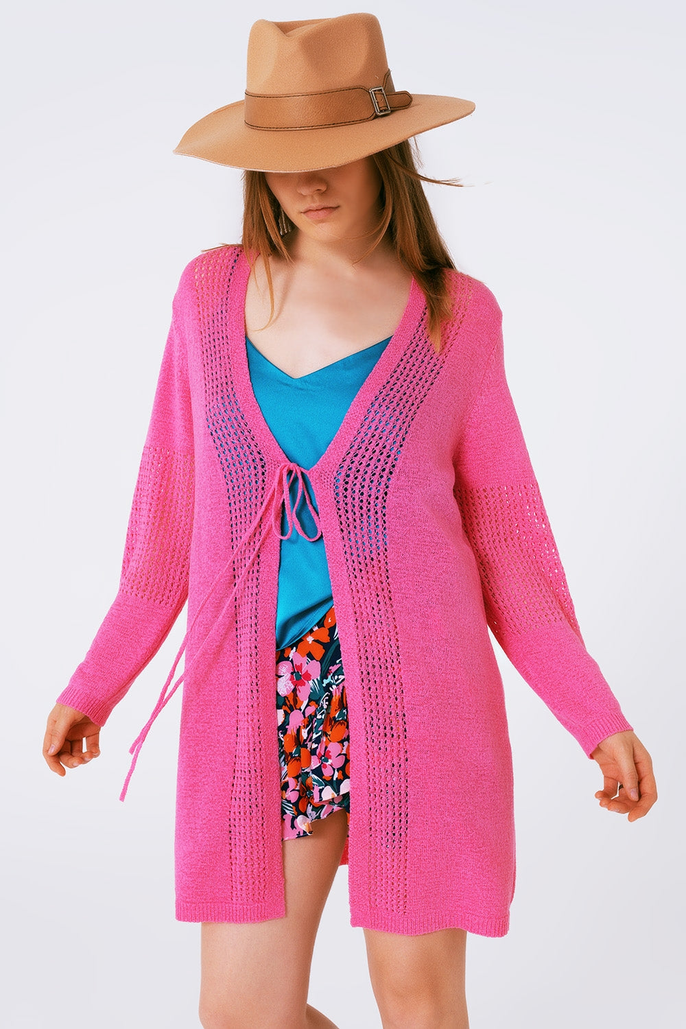Cárdigan de Croché con Cordón de Ajuste en Rosa Q2
