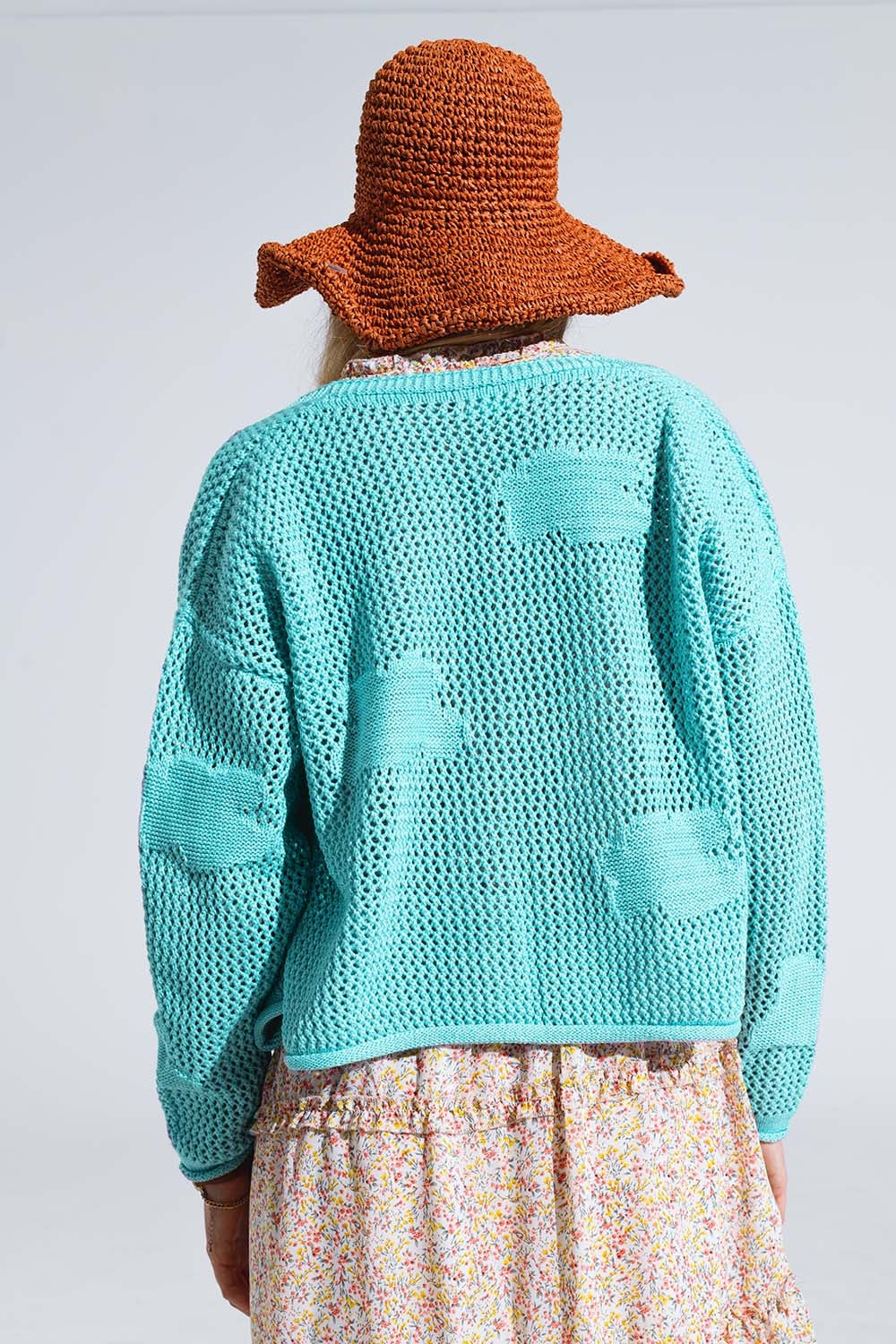 Cárdigan De Punto De Crochet Con Nubes De Punto En Turquesa Claro Q2