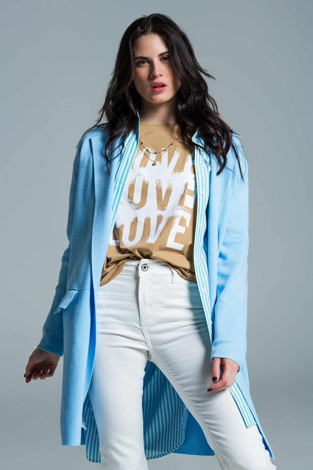 Cárdigan maxi de cuello oversize en azul bebé Q2