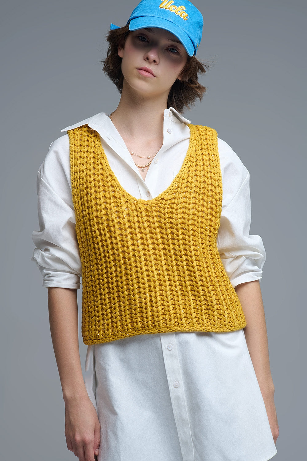 Chaleco Crochet Amarillo Con Hilo De Lentejuelas Q2