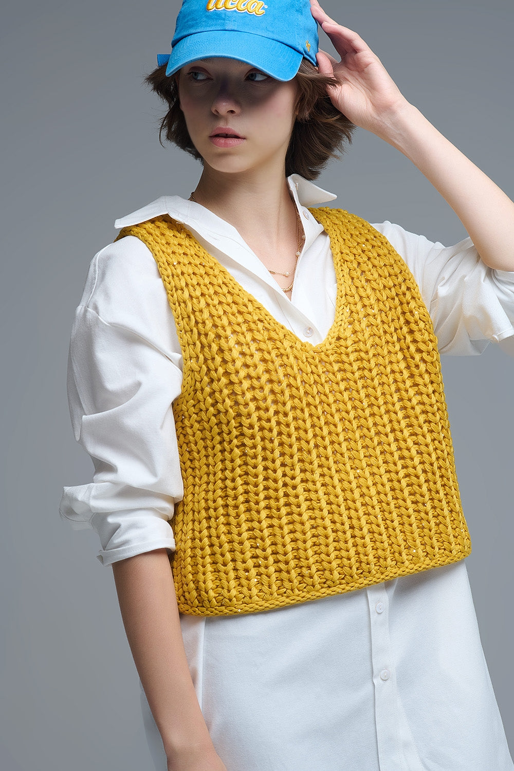 Chaleco Crochet Amarillo Con Hilo De Lentejuelas Q2