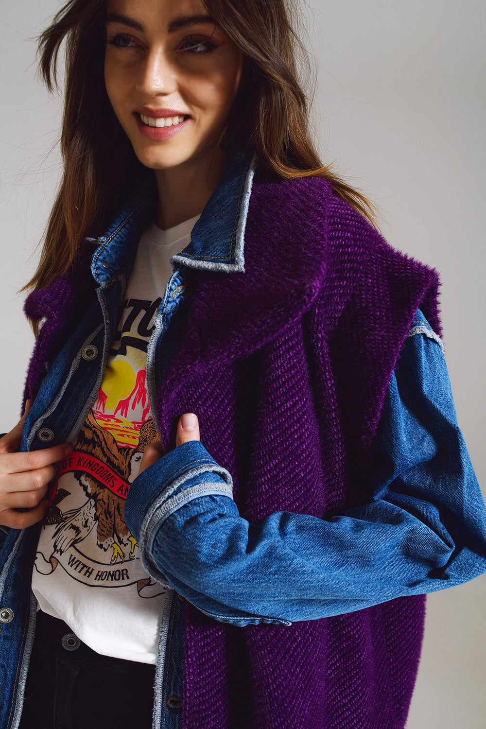 Chaleco de espiga abierto con cuello estilo chal en color morado Q2